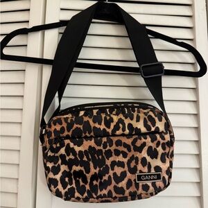 Ganni Animal Print Crossbody Bag with Black Strap